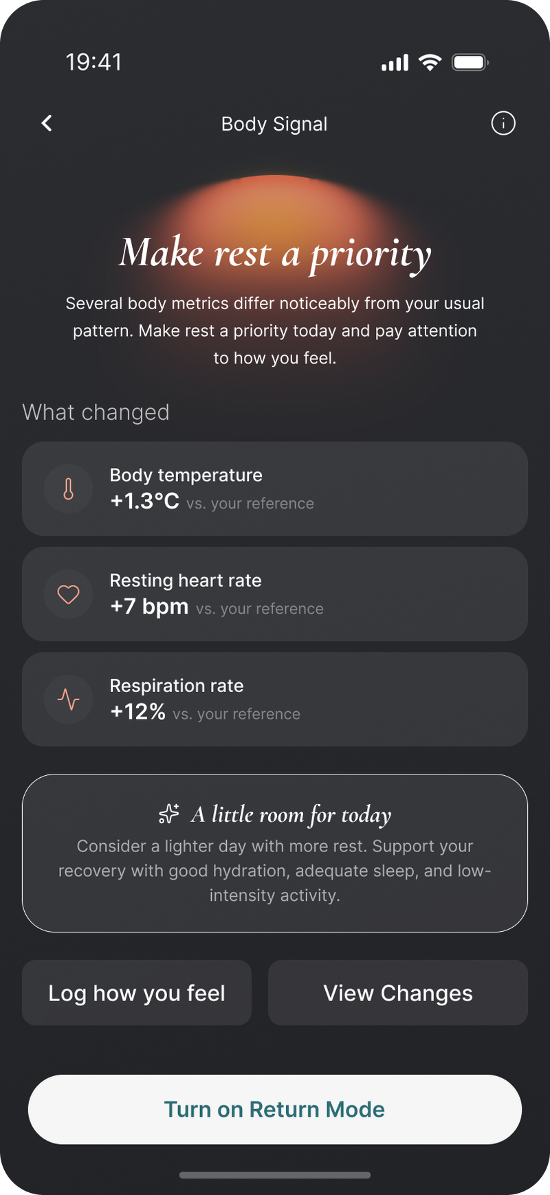 AIVELA Body Signal detail showing changes against personal reference
