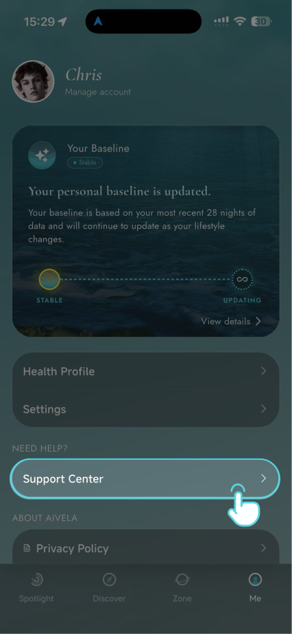Open Support Center in the AIVELA app