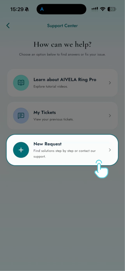 Create a new support request in the AIVELA app