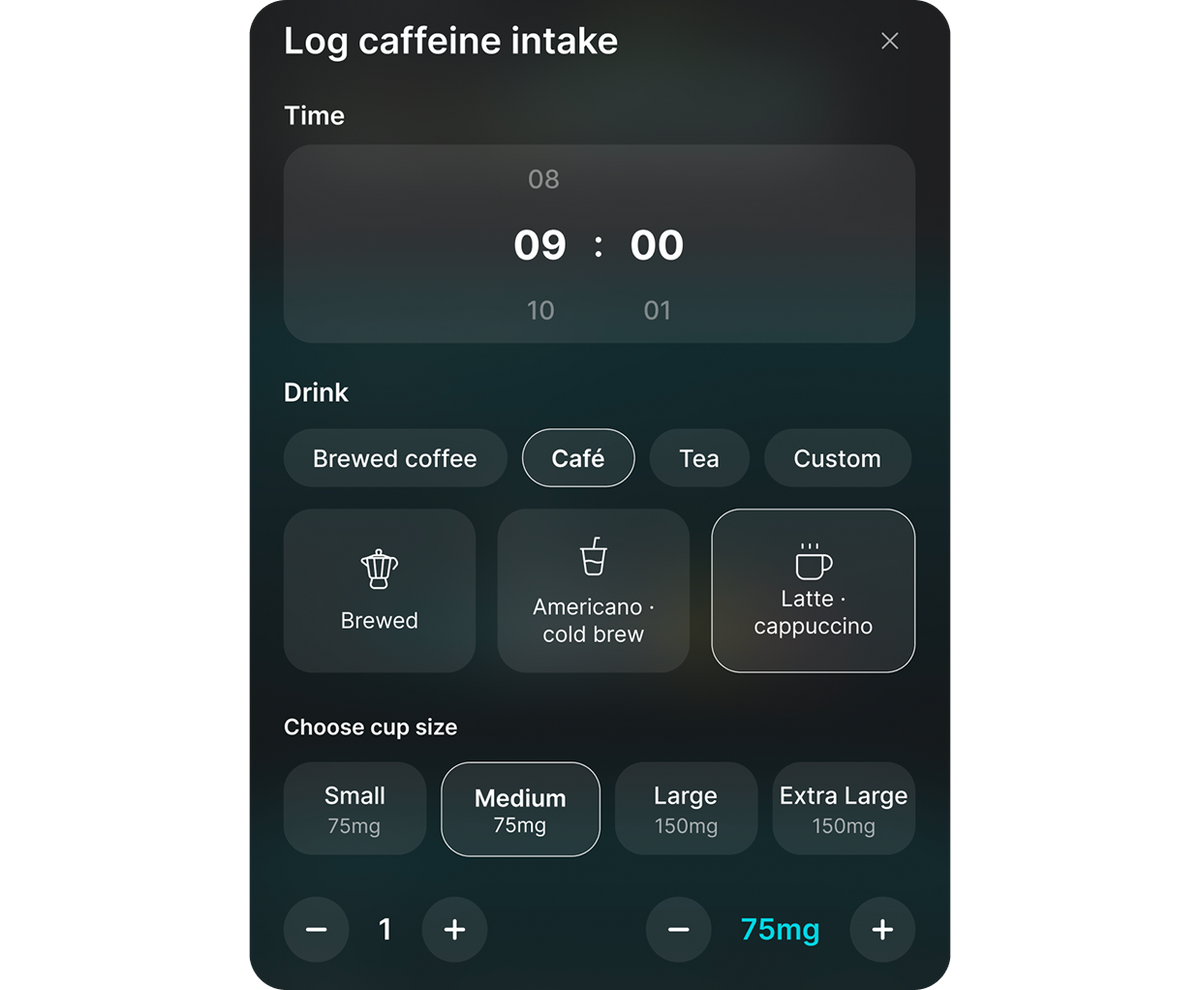 AIVELA App drink logging with drink type, time and serving selection